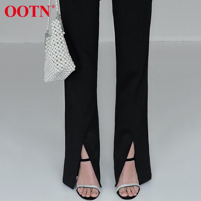 High Street Fashion Black Boot Cut Pants - Female High Waist Split Elastic Waist Slim Trouser For Women Wild Plus Length Pant (BP)(1U25) - Deals DejaVu