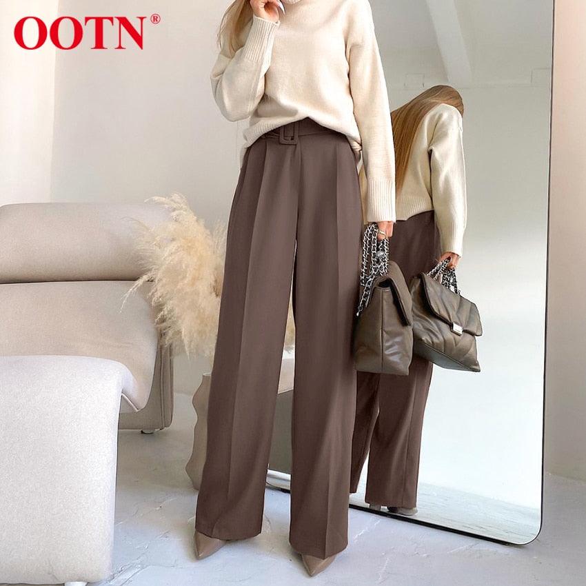 Gorgeous Autumn Office Wide Leg Pants Women Sashes Elastic Waist Pants - Elegant Ladies Brown Trousers Plus Length Palazzo Cozy (D25)(BP)(1U25) - Deals DejaVu