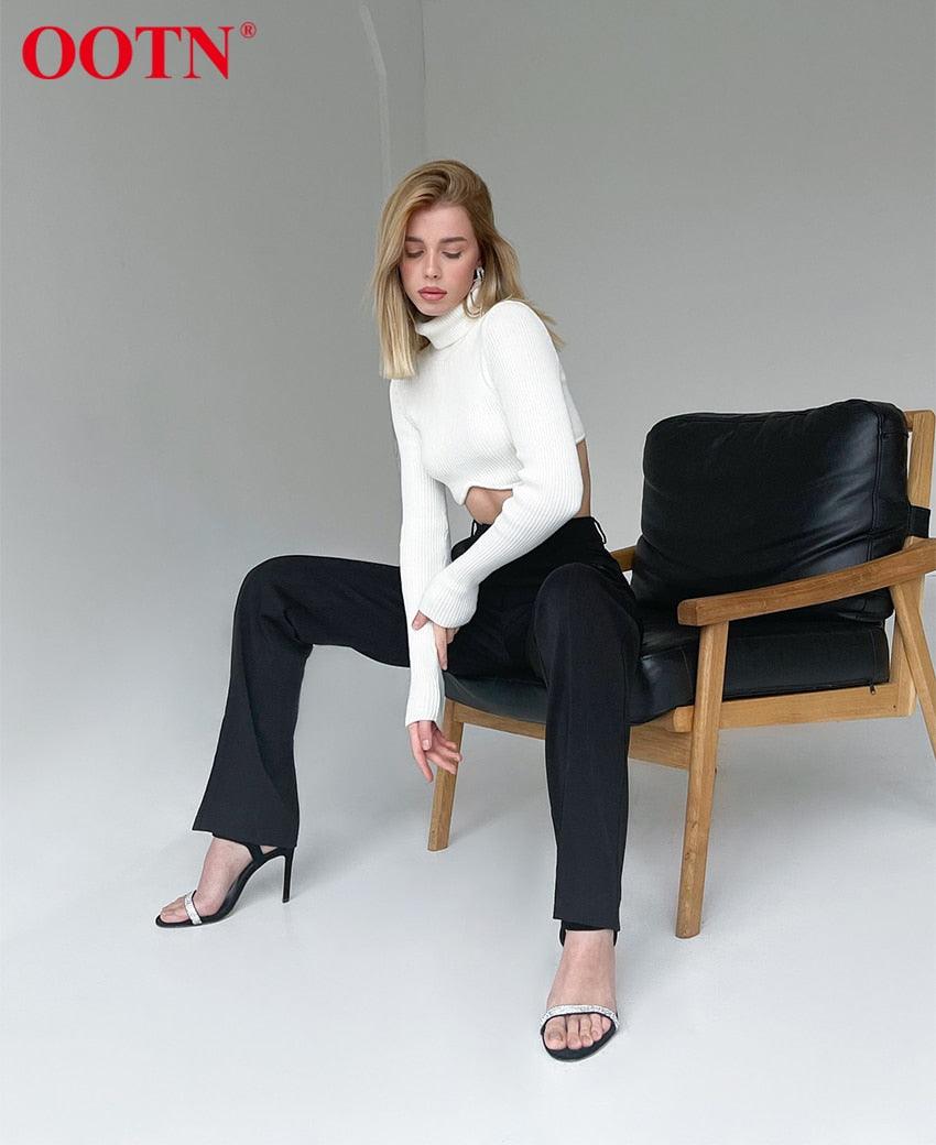 High Street Fashion Black Boot Cut Pants - Female High Waist Split Elastic Waist Slim Trouser For Women Wild Plus Length Pant (BP)(1U25) - Deals DejaVu