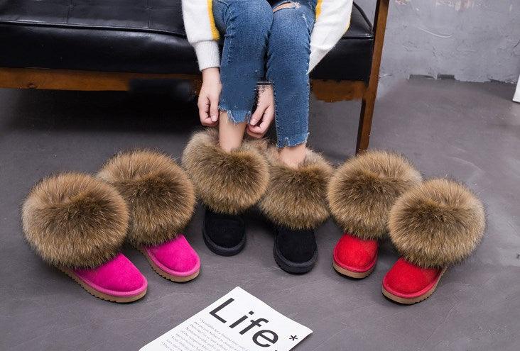 Cute Fashion Genuine Cowhide leather women's boots - real fox fur - winter warm ankle boots, various colors, plus size (FS)(CD)(1U40)(1U38)(1U107)