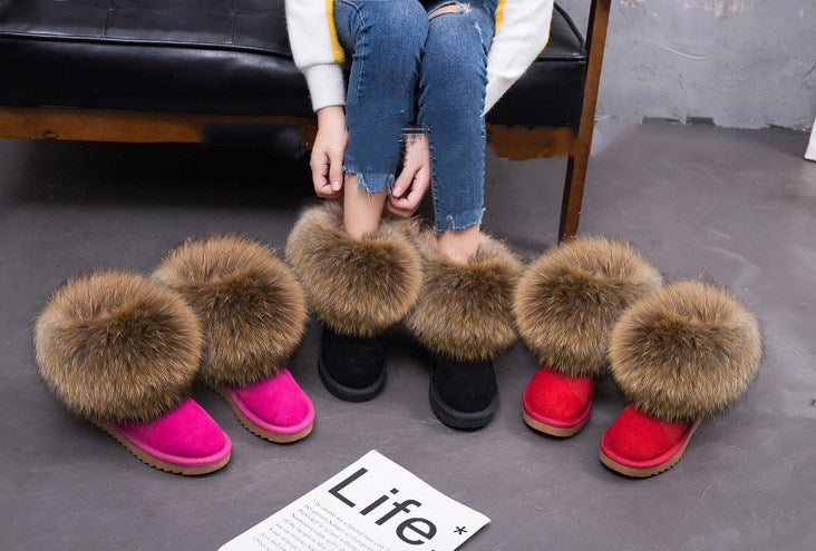 Cute Fashion Genuine Cowhide leather women's boots - real fox fur - winter warm ankle boots, various colors, plus size (FS)(CD)(1U40)(1U38)(1U107)