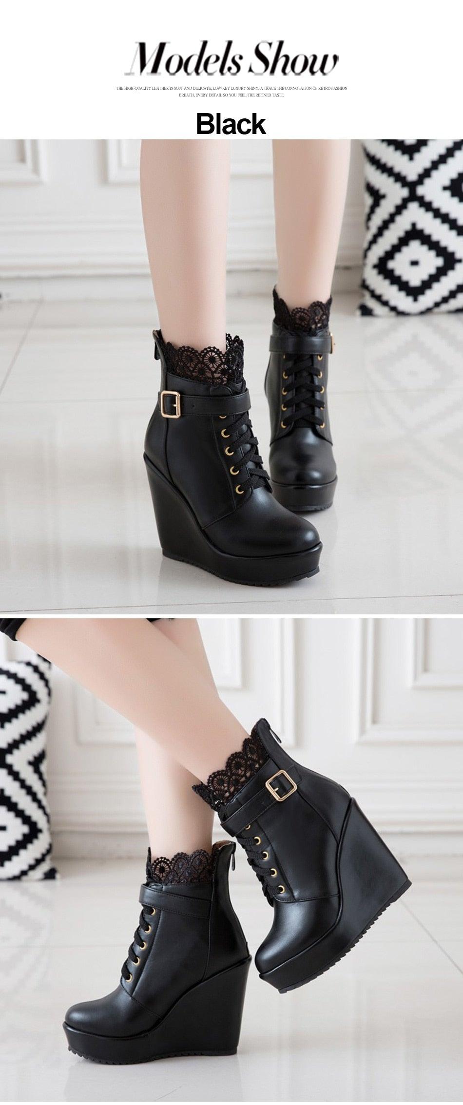 Fashion Lace Black Platform Wedge Ankle Boots For Women - Lace Up Bridal Shoes Wedding White Ladies Boots (BB2)(CD)(WO4)(BB5)(F38)(3U38) - Deals DejaVu