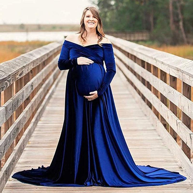 Maternity Dresses for Baby Showers Long Sleeve Pregnant Women Velvet Maxi Gown Dress Sexy V Neck Pregnancy Dress for Photo Shoot