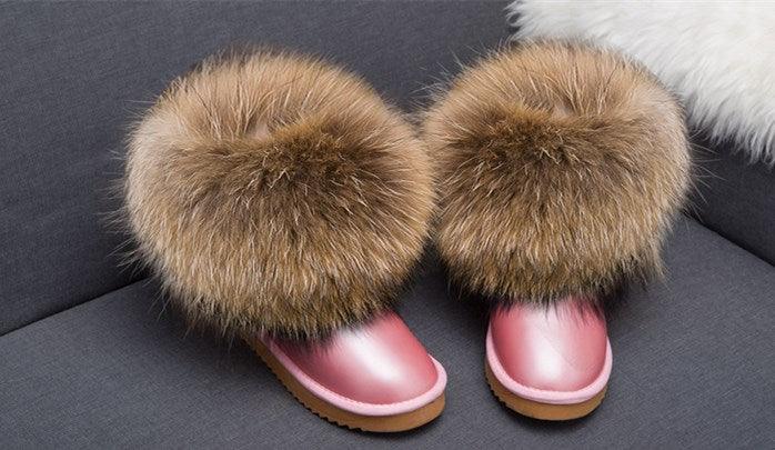 Cute Fashion Genuine Cowhide leather women's boots - real fox fur - winter warm ankle boots, various colors, plus size (FS)(CD)(1U40)(1U38)(1U107)