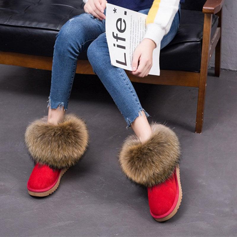 Cute Fashion Genuine Cowhide leather women's boots - real fox fur - winter warm ankle boots, various colors, plus size (FS)(CD)(1U40)(1U38)(1U107)