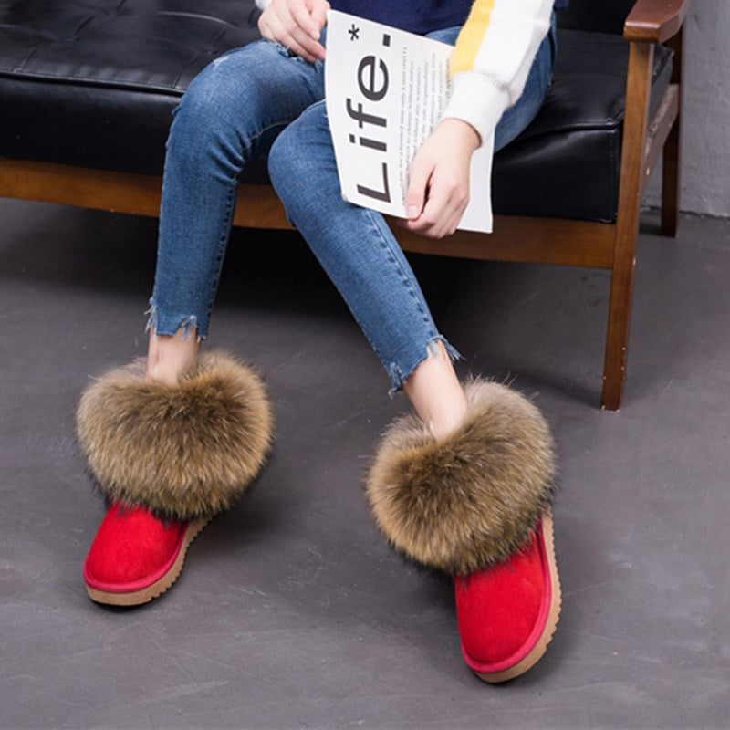 Cute Fashion Genuine Cowhide leather women's boots - real fox fur - winter warm ankle boots, various colors, plus size (FS)(CD)(1U40)(1U38)(1U107)