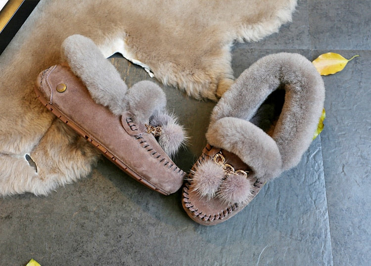 Trending Winter 100% Genuine Leather Real Wool Women Flats New Fashion Female - Plus Size Snow Shoes (FS)(CD)(1U40)(1U38)(1U107)