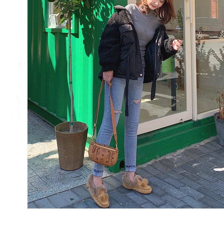 Trending Winter 100% Genuine Leather Real Wool Women Flats New Fashion Female - Plus Size Snow Shoes (FS)(CD)(1U40)(1U38)(1U107)
