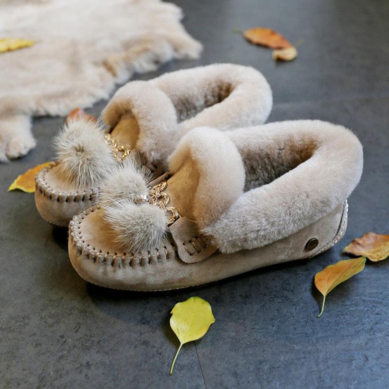 Trending Winter 100% Genuine Leather Real Wool Women Flats New Fashion Female - Plus Size Snow Shoes (FS)(CD)(1U40)(1U38)(1U107)