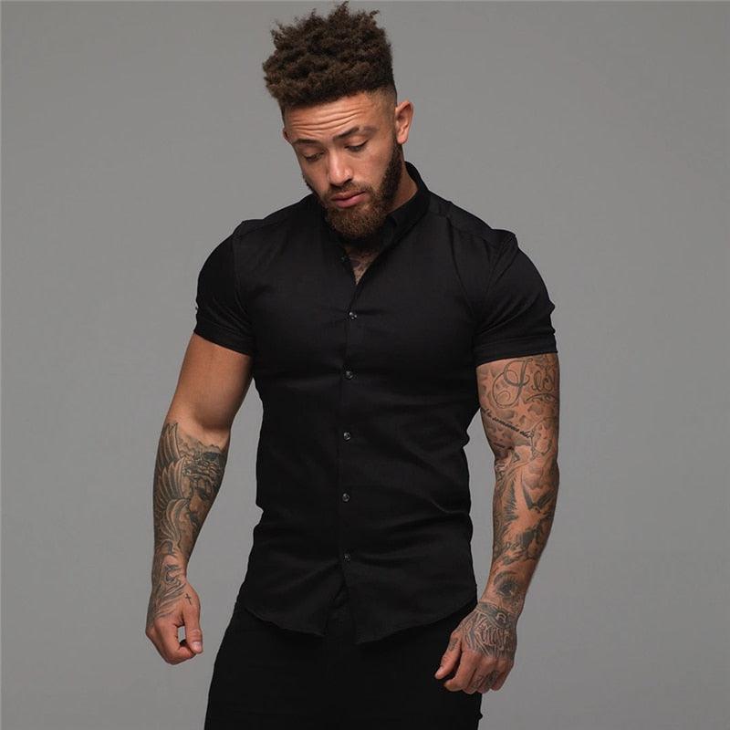 Summer Fashion Short Sleeve Shirt - Men Solid Super Slim Fit - Male Social Business - Men Gym Fitness(TM1)(T2G)(1U8)(TM8)