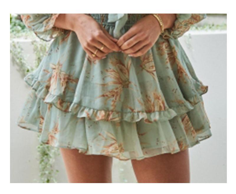 Green Floral Print Front Bow Tie Summer Dress - Women A-line Deep V-Neck Mini Dresses Ruffle Party Vestidos Clothing (BWD)(WS06)(F30)(2U30) - Deals DejaVu