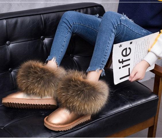 Cute Fashion Genuine Cowhide leather women's boots - real fox fur - winter warm ankle boots, various colors, plus size (FS)(CD)(1U40)(1U38)(1U107)