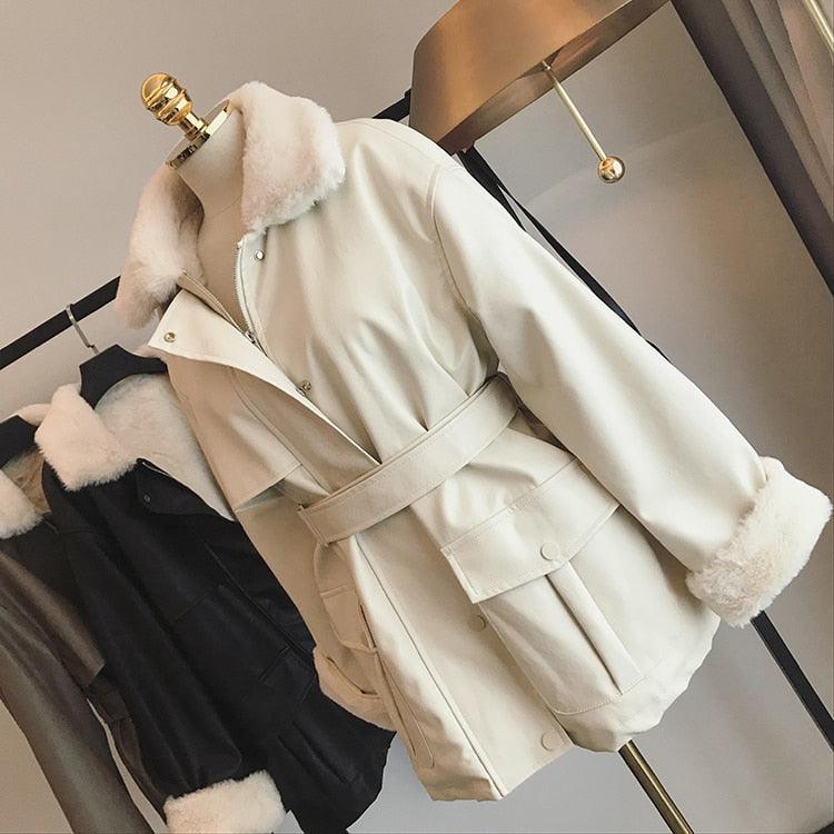 New Winter Oversized Leather Jacket - Women with Faux Rex Rabbit Fur Inside Warm Soft Thickened Fur Lined Coat Long Sleeve (TB8B)(TB8A)(TP3)(1U23) - Deals DejaVu