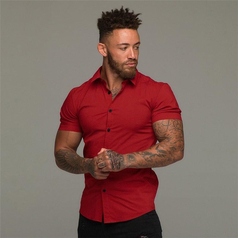 Summer Fashion Short Sleeve Shirt - Men Solid Super Slim Fit - Male Social Business - Men Gym Fitness(TM1)(T2G)(1U8)(TM8)