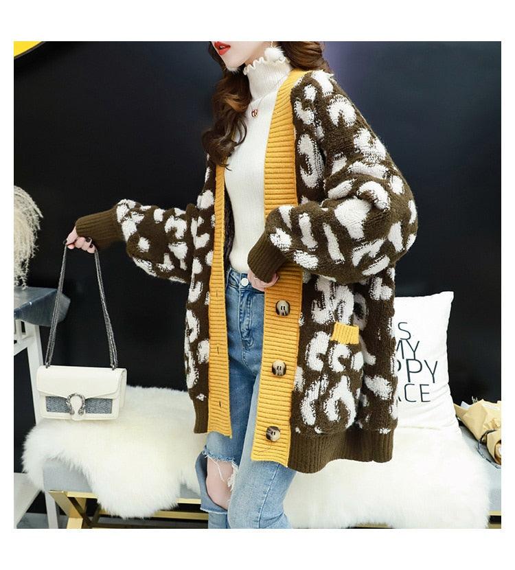 Women Fashion Long Sweater and Cardigans - Open Stitch Leopard Casual Cardigans Red and Yellow Oversized Knit Jacket Out Coat (TP4)(TB8C)(1U23) - Deals DejaVu