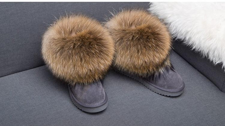 Cute Fashion Genuine Cowhide leather women's boots - real fox fur - winter warm ankle boots, various colors, plus size (FS)(CD)(1U40)(1U38)(1U107)