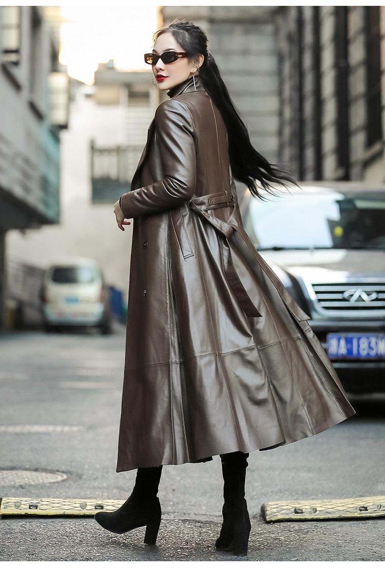 Great Women Autumn Long Brown Black Soft Faux Leather Trench Coat - Belt Long Sleeve Skirted Elegant Luxury Fashion (TB8B)(TB8A)(TP3)(1U23) - Deals DejaVu
