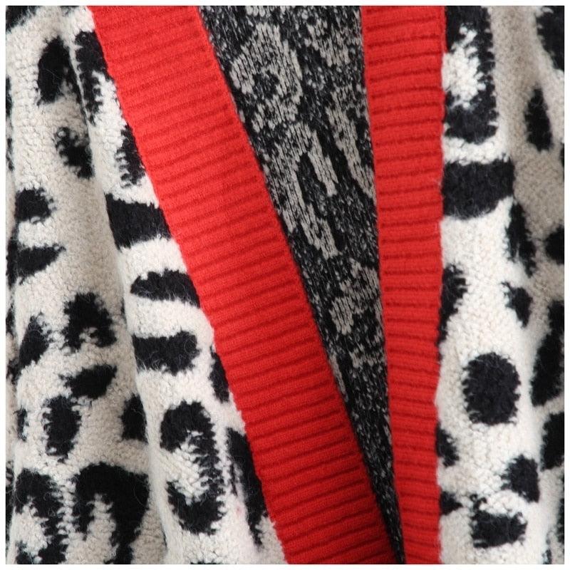 Women Fashion Long Sweater and Cardigans - Open Stitch Leopard Casual Cardigans Red and Yellow Oversized Knit Jacket Out Coat (TP4)(TB8C)(1U23) - Deals DejaVu
