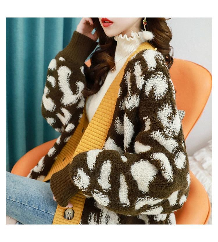 Women Fashion Long Sweater and Cardigans - Open Stitch Leopard Casual Cardigans Red and Yellow Oversized Knit Jacket Out Coat (TP4)(TB8C)(1U23) - Deals DejaVu