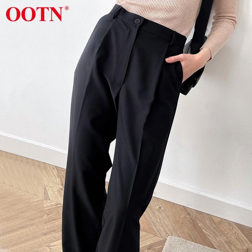 New Casual Baggy Trouser Women All-Match Pleated Spring High Waist Black Straight Pants - Office Elastic Waist Pocket Pants Lady (BP)(1U25) - Deals DejaVu