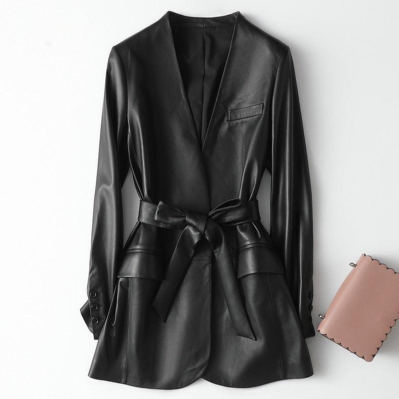 Autumn Black Women Soft Light Faux Leather Jackets - Deep V-Neck Belt Plus Size Elegant Luxury Korean Fashion (TB8B)(TB8A)(TP3)(1U23) - Deals DejaVu