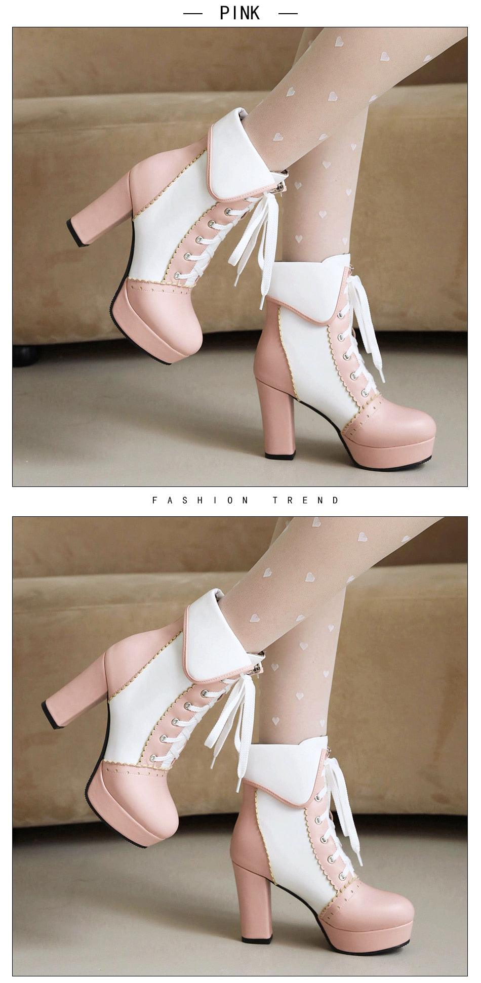 Sweet Cosplay Lolita Shoes Women Ankle Boots High Heels Ruffles Dress Wedding Shoes Bride Mixed Colors Lace Up (BB2)(CD)(WO4)(BB5)(F38)(3U38) - Deals DejaVu