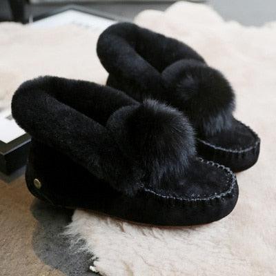 New Winter 100% Genuine Leather Real Wool Women Flats - New Fashion Female Moccasins Casual Loafers Plus Size Snow Shoes (FS)(CD)(1U40)(1U38)(1U107)