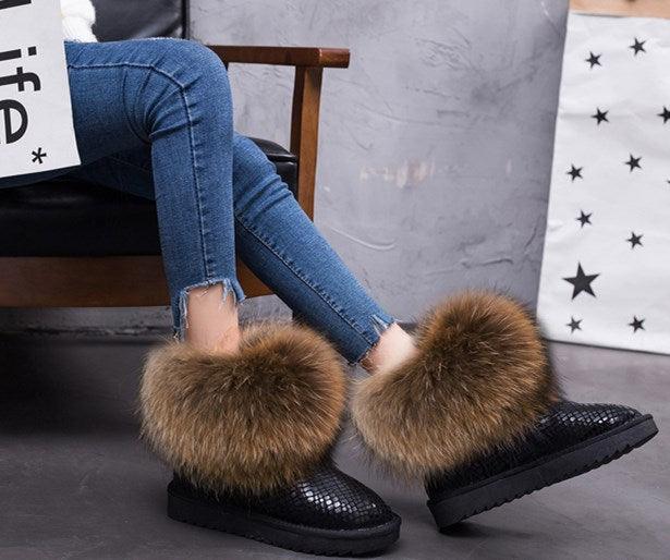 Cute Fashion Genuine Cowhide leather women's boots - real fox fur - winter warm ankle boots, various colors, plus size (FS)(CD)(1U40)(1U38)(1U107)