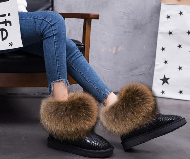 Cute Fashion Genuine Cowhide leather women's boots - real fox fur - winter warm ankle boots, various colors, plus size (FS)(CD)(1U40)(1U38)(1U107)