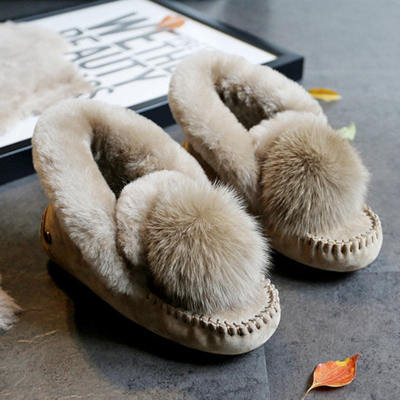 New Winter 100% Genuine Leather Real Wool Women Flats - New Fashion Female Moccasins Casual Loafers Plus Size Snow Shoes (FS)(CD)(1U40)(1U38)(1U107)