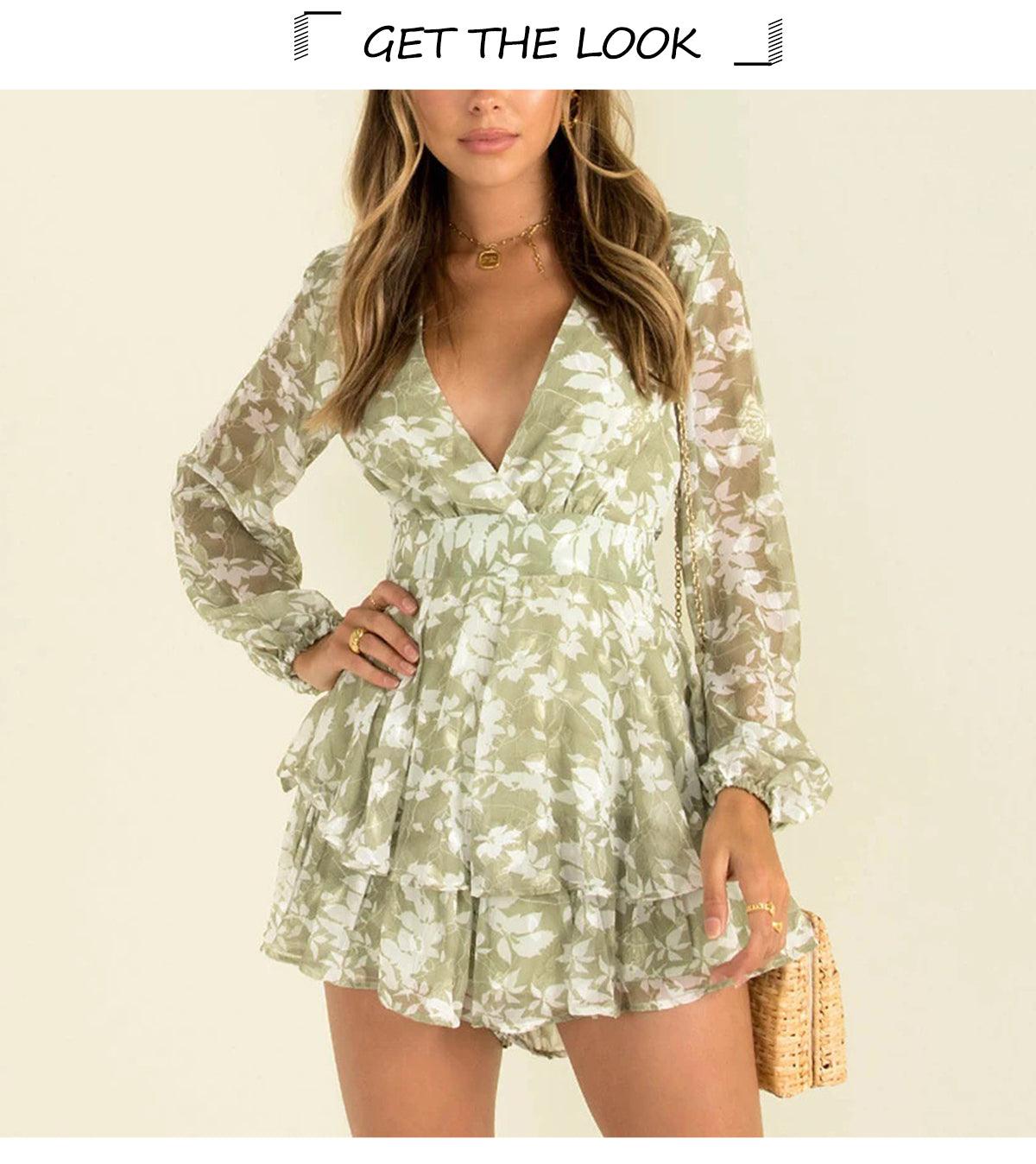 New Chiffon V Neck Women Romper Playsuit Summer Casual Long Sleeve Jumpsuits - 2022 Fashion Print Short Sets Outfit (BWD)(WS06)(F30)(2U30) - Deals DejaVu
