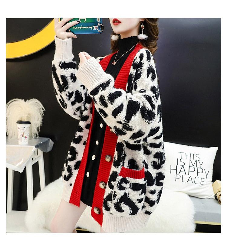 Women Fashion Long Sweater and Cardigans - Open Stitch Leopard Casual Cardigans Red and Yellow Oversized Knit Jacket Out Coat (TP4)(TB8C)(1U23) - Deals DejaVu