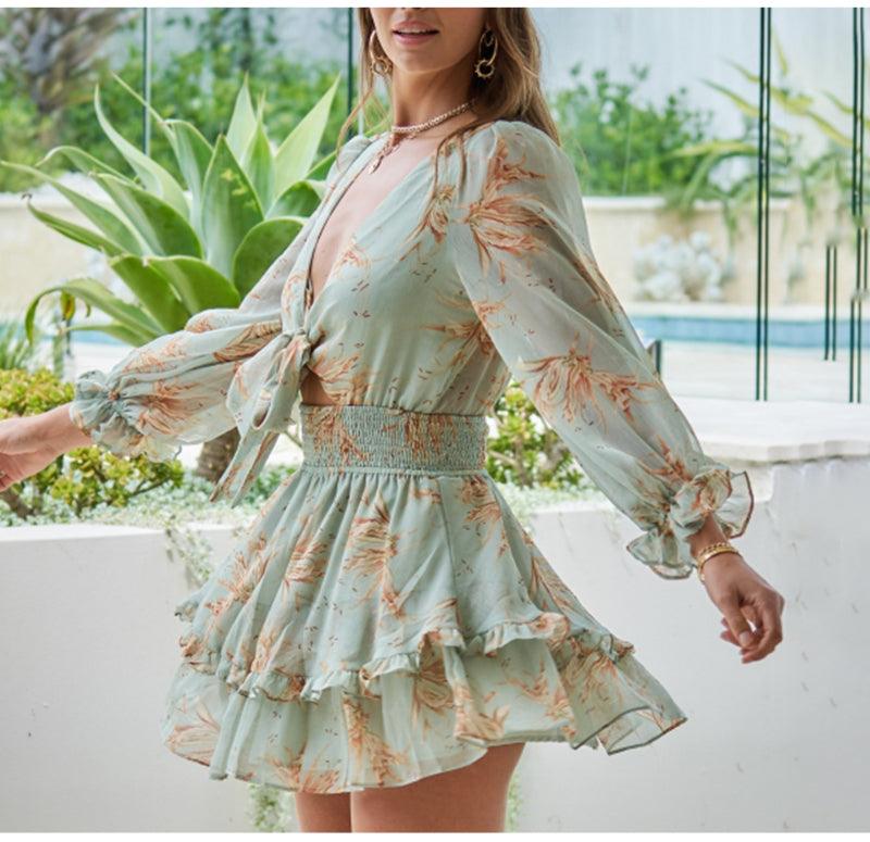 Green Floral Print Front Bow Tie Summer Dress - Women A-line Deep V-Neck Mini Dresses Ruffle Party Vestidos Clothing (BWD)(WS06)(F30)(2U30) - Deals DejaVu