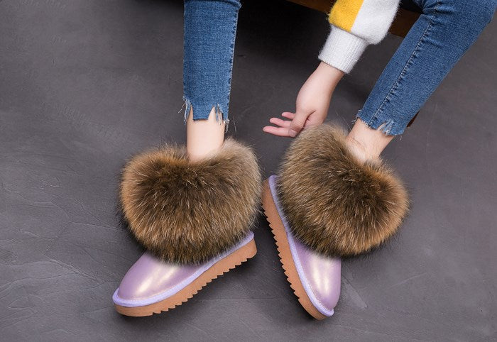 Cute Fashion Genuine Cowhide leather women's boots - real fox fur - winter warm ankle boots, various colors, plus size (FS)(CD)(1U40)(1U38)(1U107)