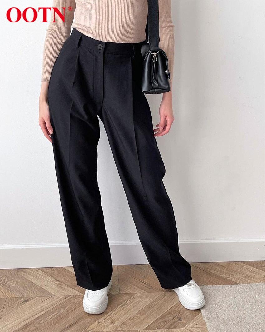 New Casual Baggy Trouser Women All-Match Pleated Spring High Waist Black Straight Pants - Office Elastic Waist Pocket Pants Lady (BP)(1U25) - Deals DejaVu