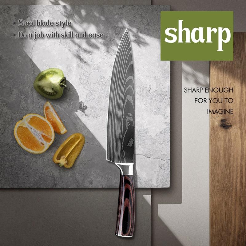 Great 8"inch Japanese Kitchen Knives - Laser Damascus Pattern Chef Knife - Sharp Santoku Cleaver Slicing Utility Knives Tool (AK5)(1U61)