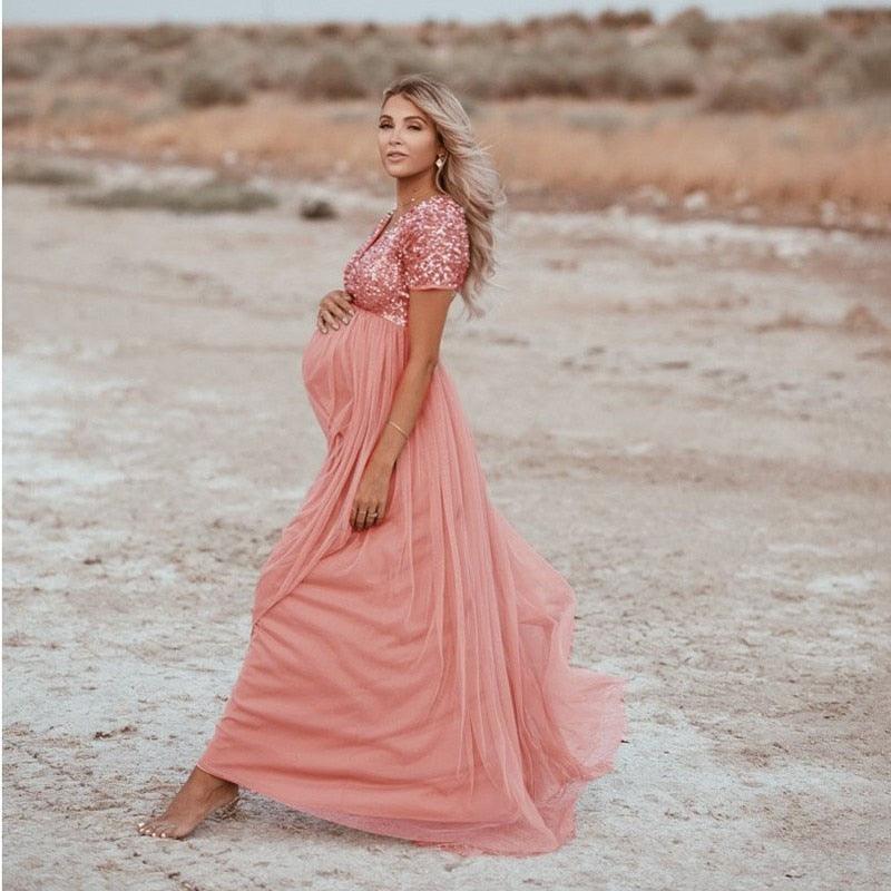 Sequin Tulle Maternity Leisure Dresses - Elegant Pregnancy Baby Shower Photography Props Clothes - Summer Pregnant Women Maxi Gown (Z6)(1Z1)(2Z1)(3Z1)(7Z1) - Deals DejaVu