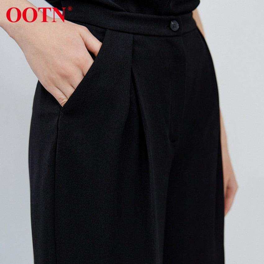 Cute Black Trouser Office Wear Wild High Waist Spring Pleated Elegant Straight Pants Plus Length -Pocket Basic Casual Women Pants (BP)(1U25) - Deals DejaVu
