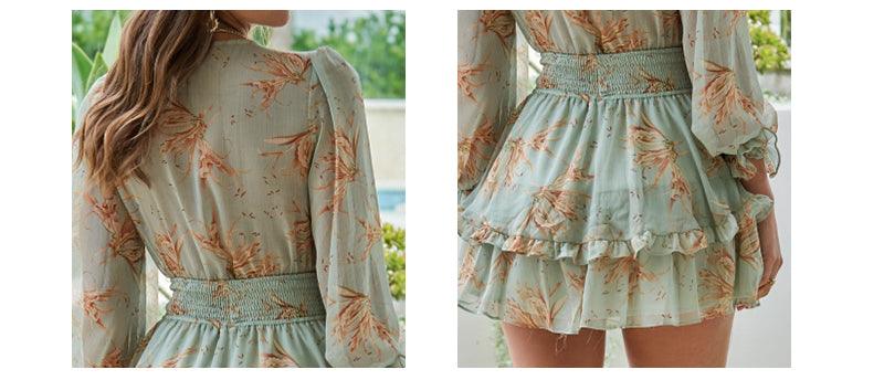 Green Floral Print Front Bow Tie Summer Dress - Women A-line Deep V-Neck Mini Dresses Ruffle Party Vestidos Clothing (BWD)(WS06)(F30)(2U30) - Deals DejaVu