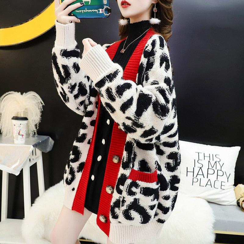 Women Fashion Long Sweater and Cardigans - Open Stitch Leopard Casual Cardigans Red and Yellow Oversized Knit Jacket Out Coat (TP4)(TB8C)(1U23) - Deals DejaVu
