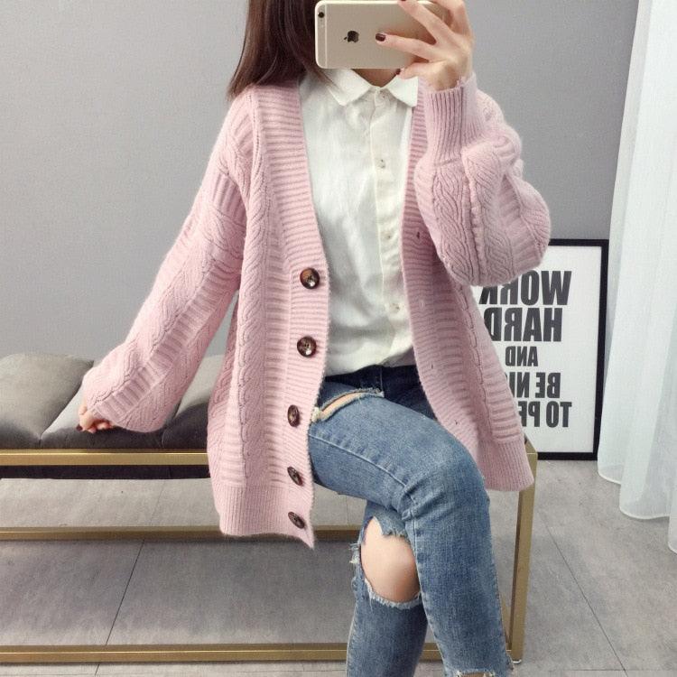 Great Women Autumn Winter Knit Sweater and Cardigans - Open Stitch Loose Knit Cardigans Pink Jumpers Winter Sweater Coat Femme (TP4)(TB8C)(1U23) - Deals DejaVu