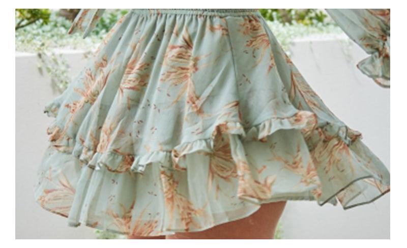 Green Floral Print Front Bow Tie Summer Dress - Women A-line Deep V-Neck Mini Dresses Ruffle Party Vestidos Clothing (BWD)(WS06)(F30)(2U30) - Deals DejaVu