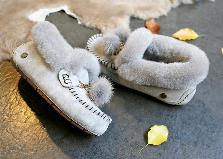 Trending Winter 100% Genuine Leather Real Wool Women Flats New Fashion Female - Plus Size Snow Shoes (FS)(CD)(1U40)(1U38)(1U107)