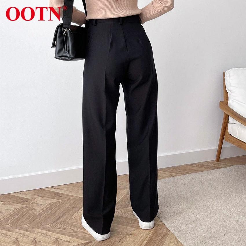 New Casual Baggy Trouser Women All-Match Pleated Spring High Waist Black Straight Pants - Office Elastic Waist Pocket Pants Lady (BP)(1U25) - Deals DejaVu