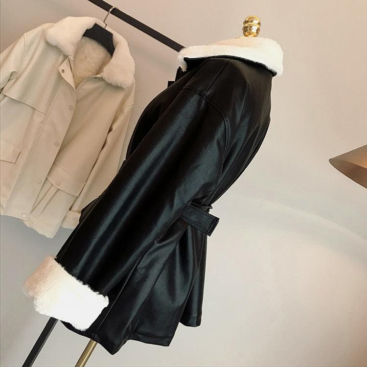 New Winter Oversized Leather Jacket - Women with Faux Rex Rabbit Fur Inside Warm Soft Thickened Fur Lined Coat Long Sleeve (TB8B)(TB8A)(TP3)(1U23) - Deals DejaVu