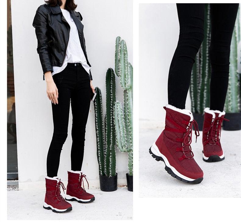 Winter Women Boots Platform Warm Mid-Calf Snow Boots - Ladies Lace-up Comfortable Quality Waterproof (BB2)(CD)(WO4)(BB5)(F38)(3U38) - Deals DejaVu
