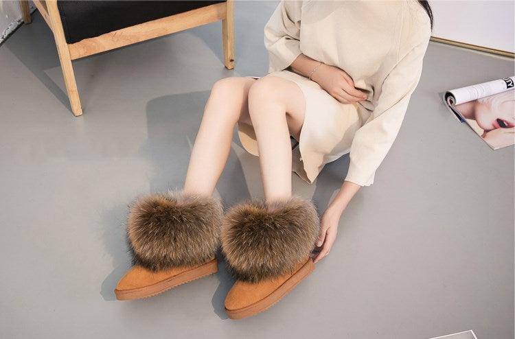 Cute Fashion Genuine Cowhide leather women's boots - real fox fur - winter warm ankle boots, various colors, plus size (FS)(CD)(1U40)(1U38)(1U107)