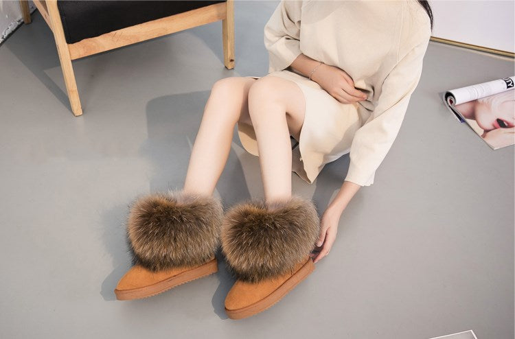 Cute Fashion Genuine Cowhide leather women's boots - real fox fur - winter warm ankle boots, various colors, plus size (FS)(CD)(1U40)(1U38)(1U107)