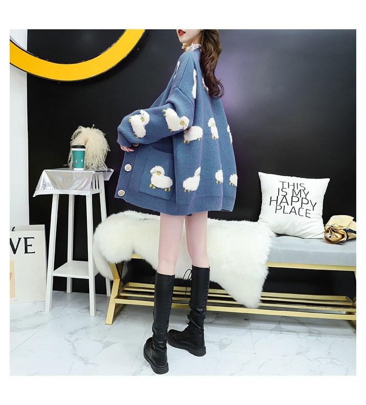 Trending Women Winter Knit Sweater Coat - V Neck Sheep Cardigans Christmas Sweaters Warm Knitwear Sueter Mujer Long Jacket (TP4)(TB8C)(BCD4)(1U23) - Deals DejaVu
