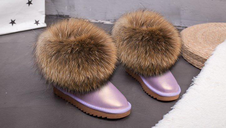 Cute Fashion Genuine Cowhide leather women's boots - real fox fur - winter warm ankle boots, various colors, plus size (FS)(CD)(1U40)(1U38)(1U107)